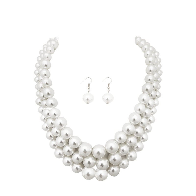 Fashion 21 Women's Faux Pearl Three Multi-Strand Statement Necklace and Earrings Set (White) - Image 1